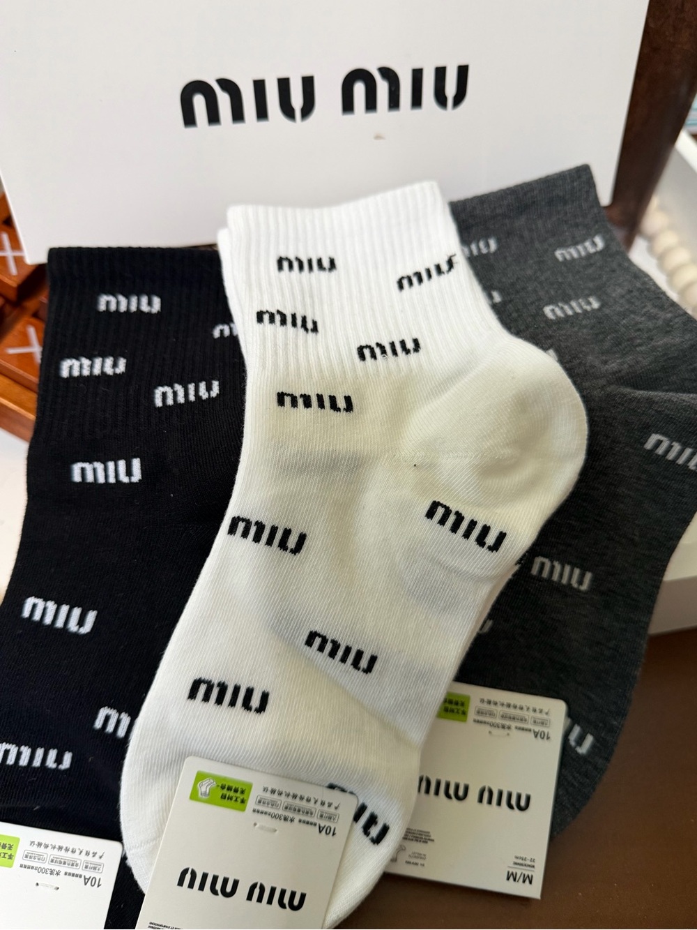 MIU MIU Black, White & Gray Logo Ankle Socks - 3-Pack